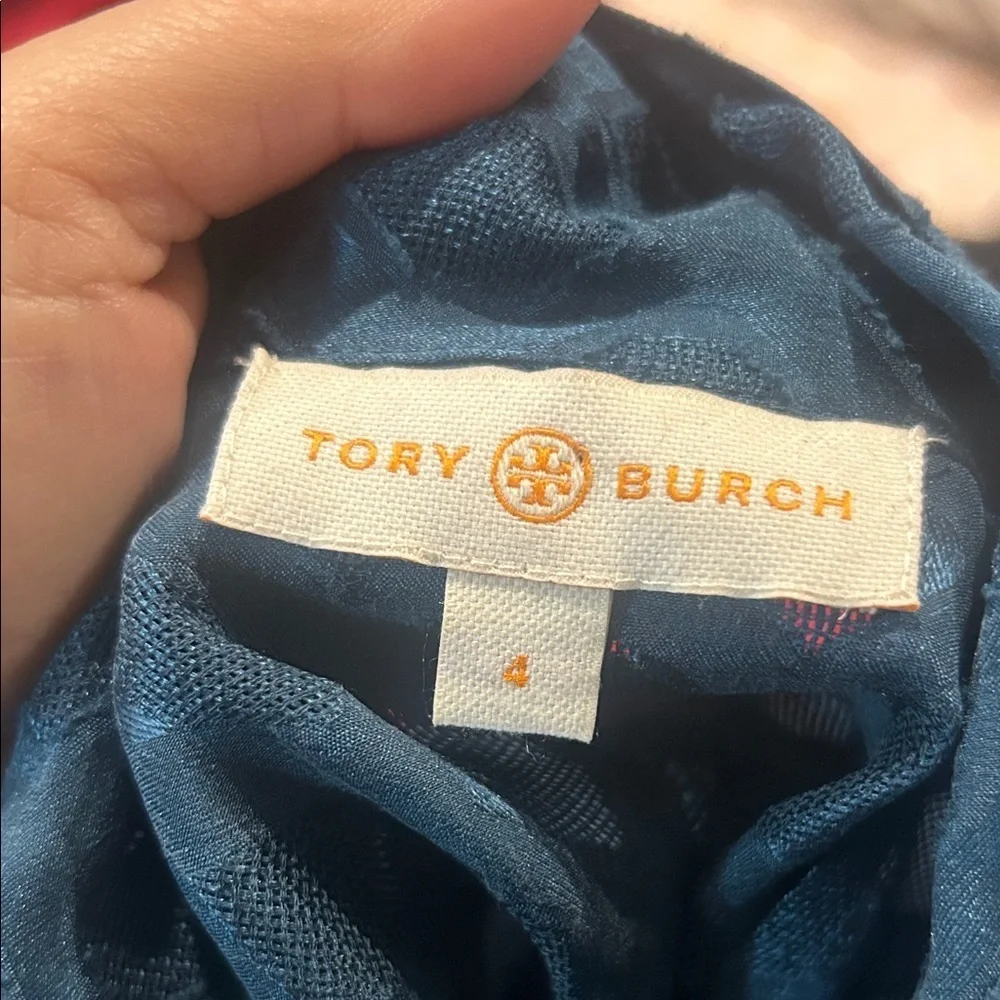 Tory Burch Silk Dark Blue Patterned Blouse Sz 4